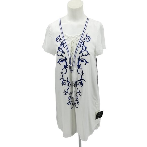 Lulus Down in Kokomo Lace Up Embroidered Shift Dress Size S White Blue New Boho - Picture 1 of 12